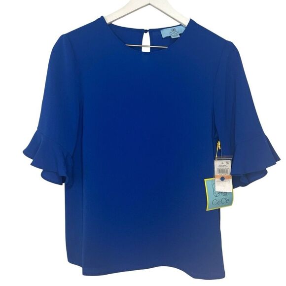 CeCe Ruffled-Cuff 3/4-Sleeve Crew Neck Blouse Womens Small Royal Blue Top - Picture 2 of 7